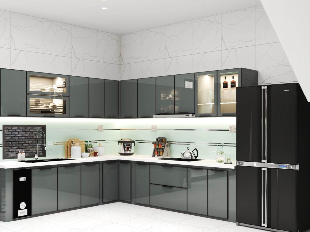 Tủ Bếp Inox Cánh Kính